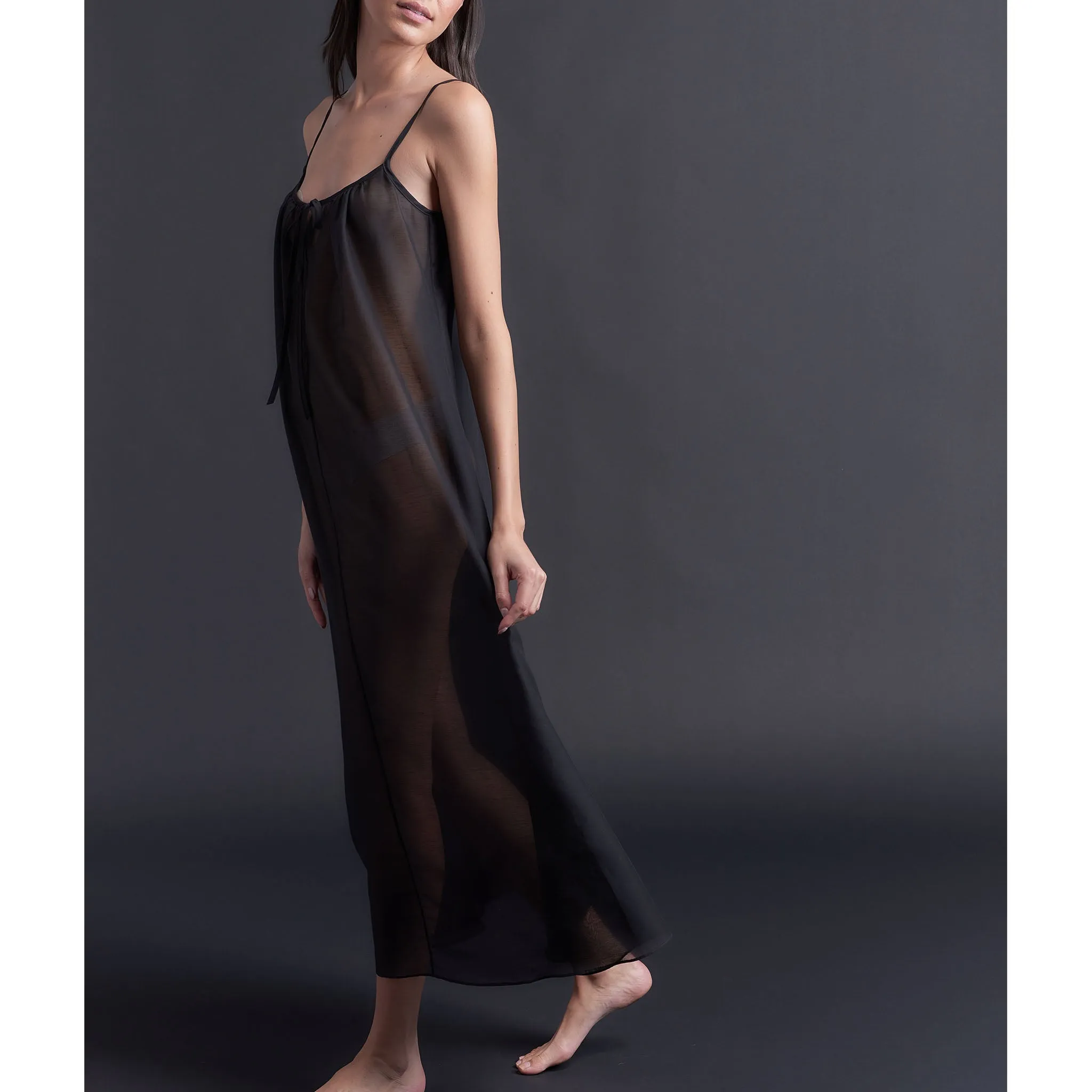 Thea Paneled Slip Dress in Black Silk Cotton Voile