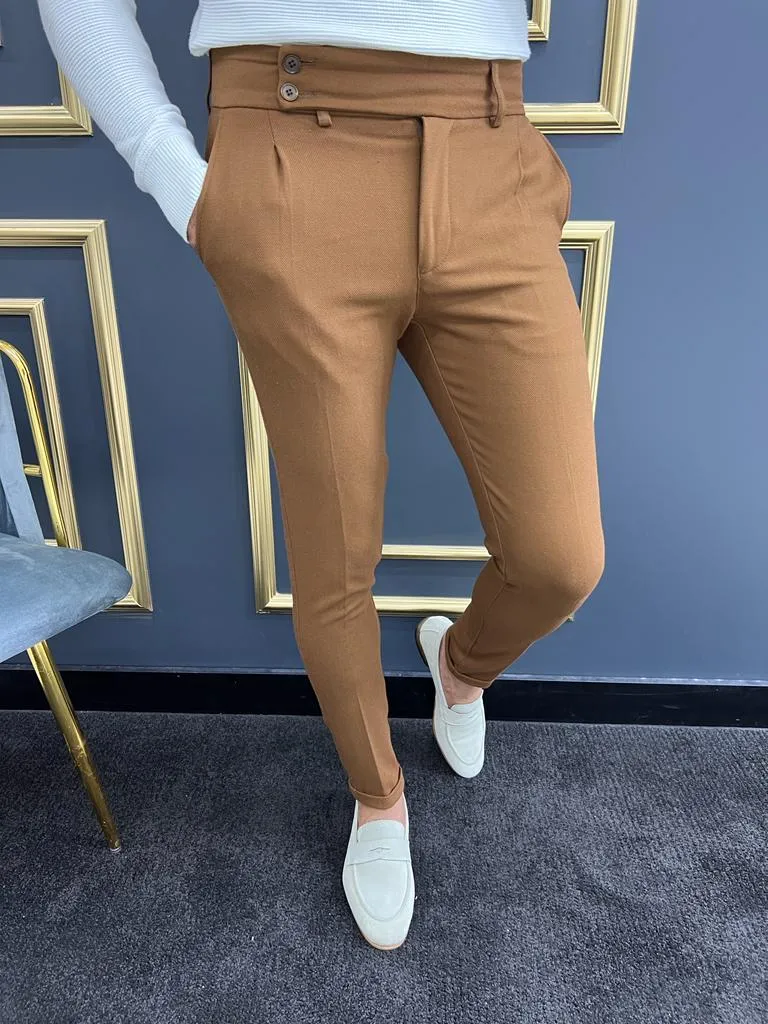 Thread Slim Fit Double Pleated Camel Trousers