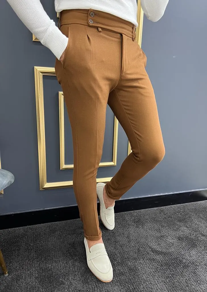 Thread Slim Fit Double Pleated Camel Trousers