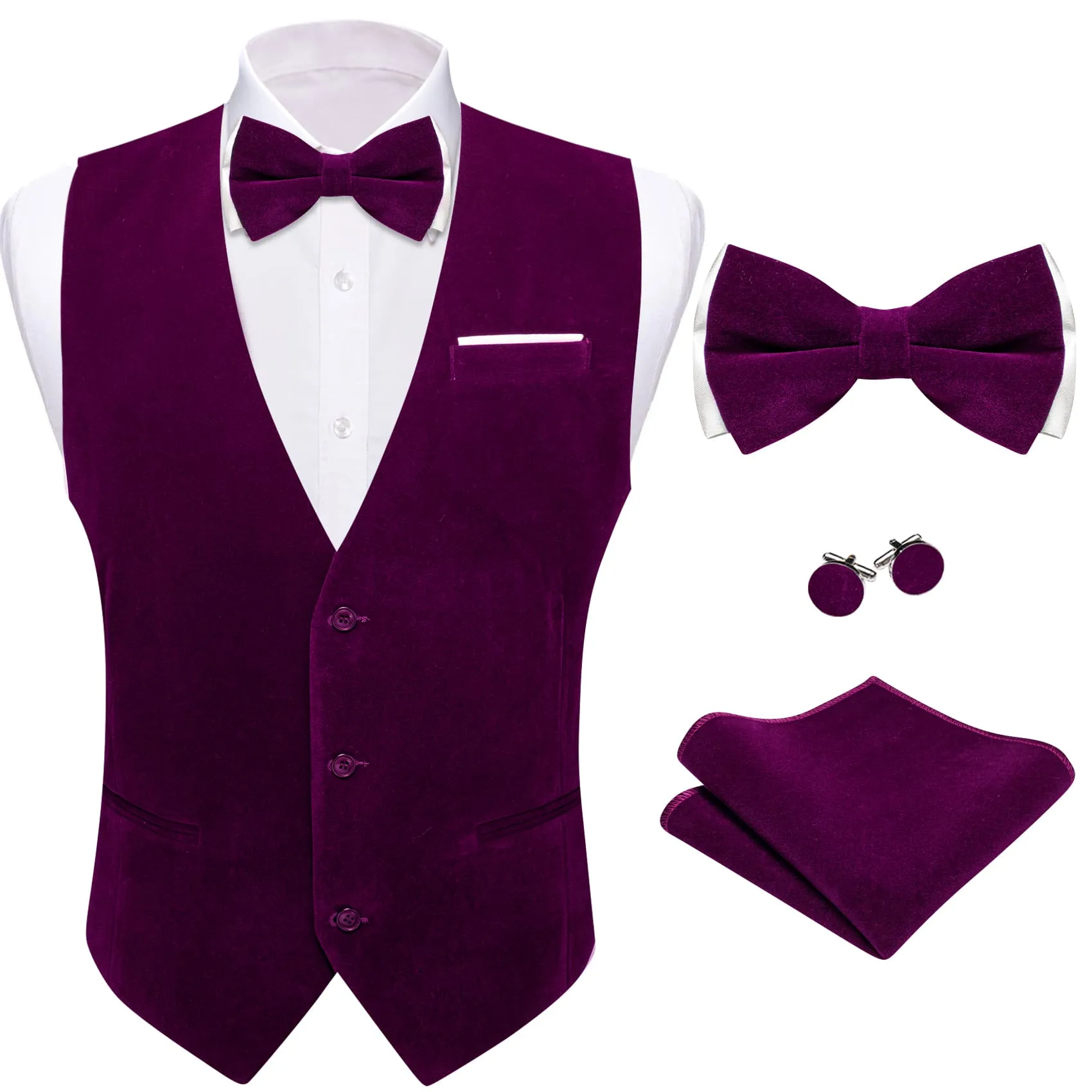 Ties2you Dress Vest Tyrian Purple Solid V-Neck Mens Suede Leather Vest Waistcoat Bow Tie Set