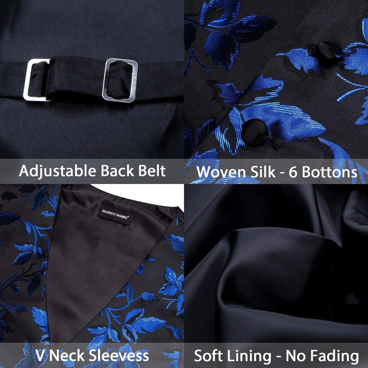 Ties2you Men's Vest Blue Black Floral Leaf Silk Vest Hanky Cufflinks Tie Set