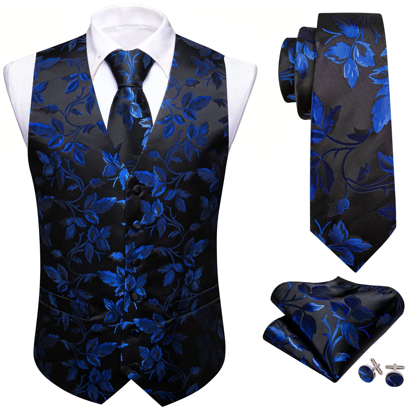 Ties2you Men's Vest Blue Black Floral Leaf Silk Vest Hanky Cufflinks Tie Set