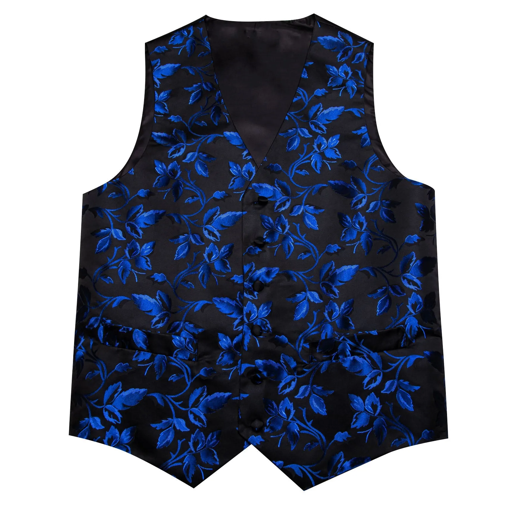 Ties2you Men's Vest Blue Black Floral Leaf Silk Vest Hanky Cufflinks Tie Set