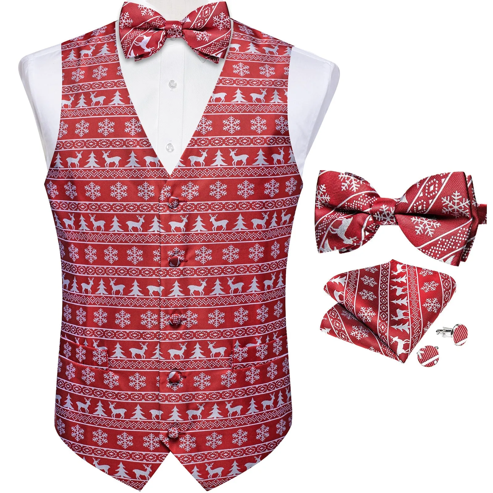 Ties2you Mens Vest Bow Tie Christmas Red White Deer Fashionable Waistcoat Tie Set for Suit