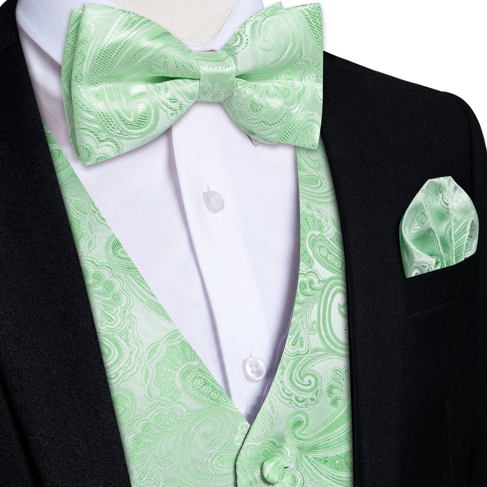 Ties2you Men's Vest SeaFoam Green Paisley Vest Pre-Tied Bow Tie Set