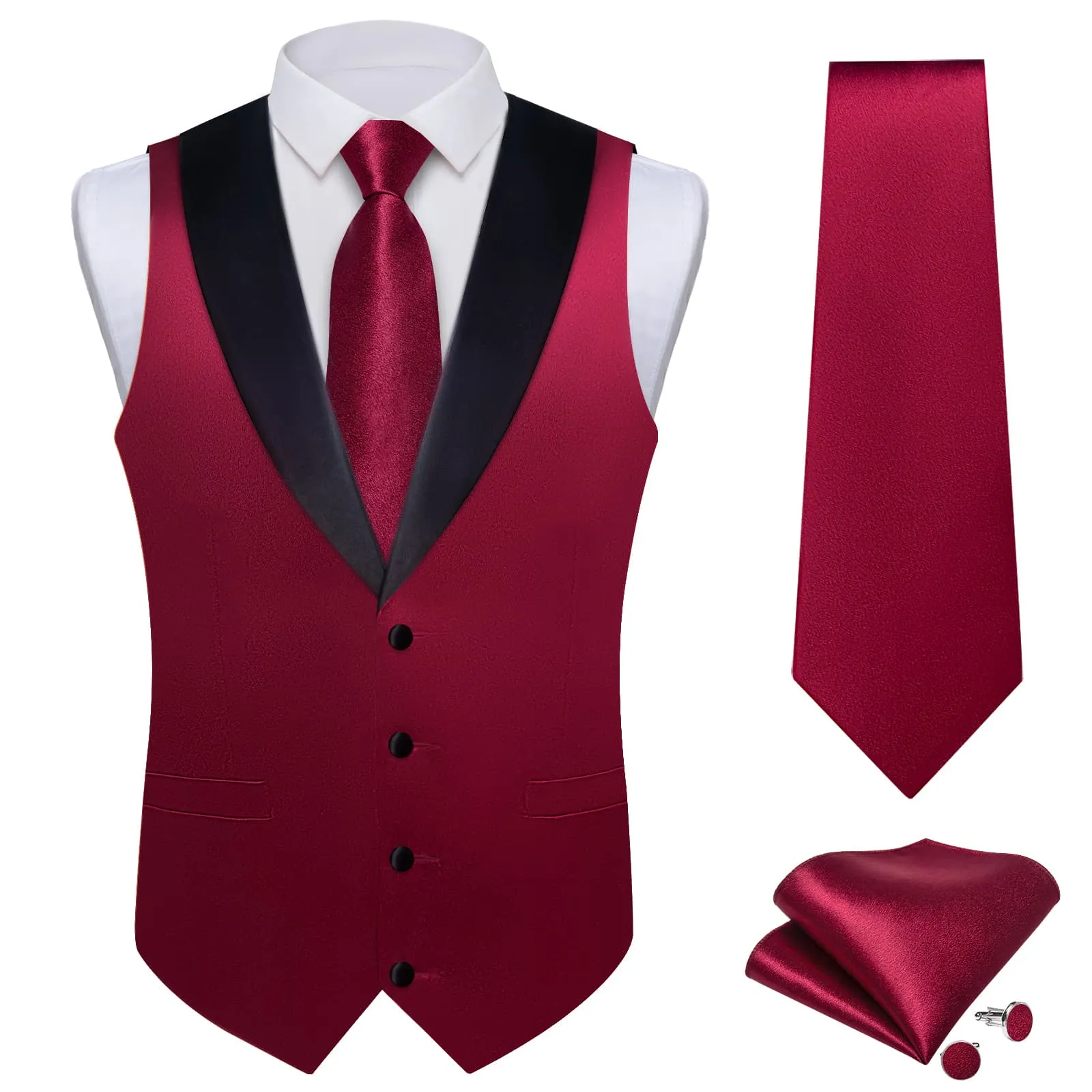 Ties2you Work Vest Shining Dark Scarlet Red Solid Shawl Collar Silk Wedding Mens Vest Tie Set