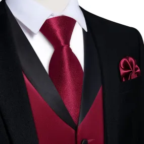 Ties2you Work Vest Shining Dark Scarlet Red Solid Shawl Collar Silk Wedding Mens Vest Tie Set