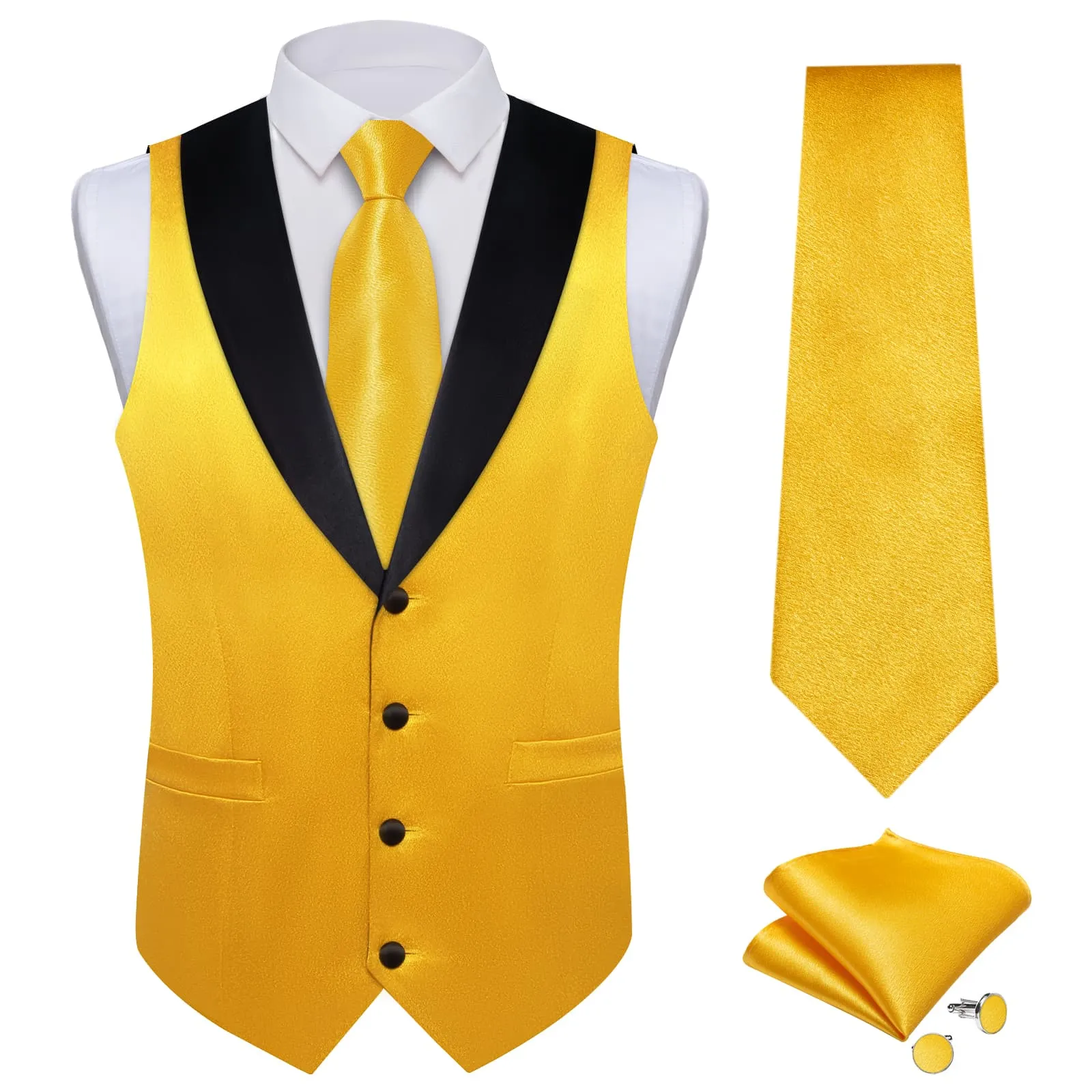 Ties2you Work Vest Shining Sandstorm Yellow Solid Shawl Collar Silk Mens Vest Tie Set for Causal