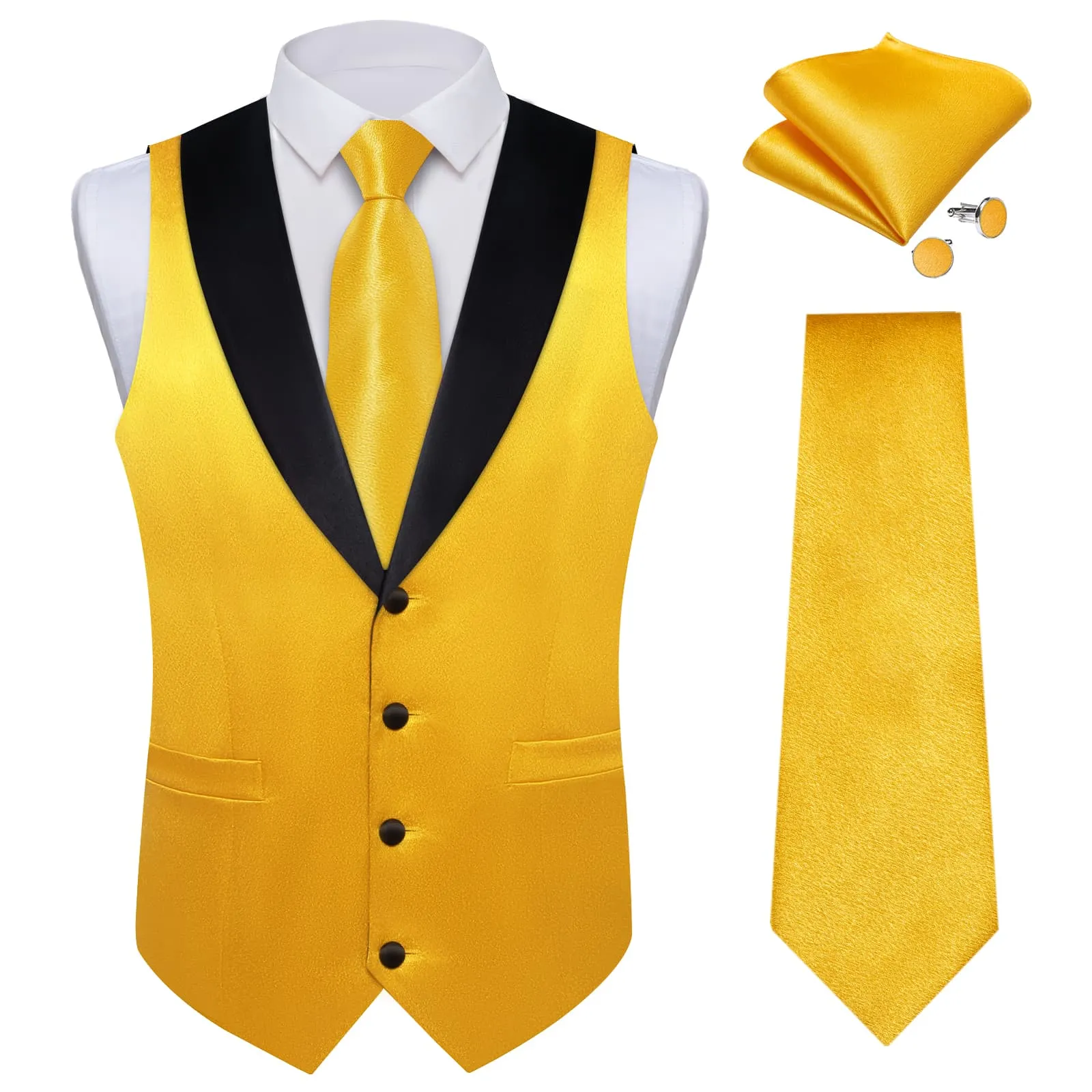 Ties2you Work Vest Shining Sandstorm Yellow Solid Shawl Collar Silk Mens Vest Tie Set for Causal