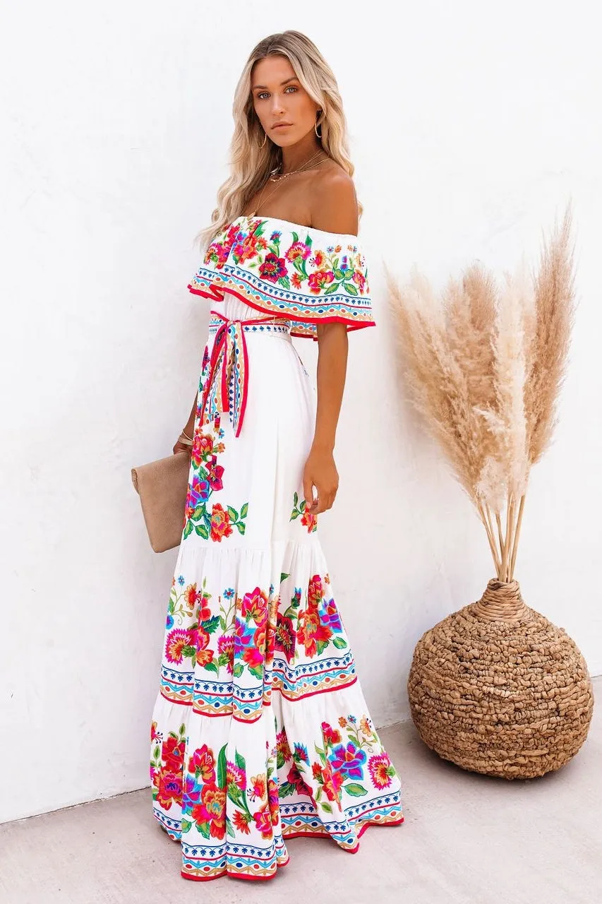 Trendy Off Shoulder Malamala Print Maxi Dress