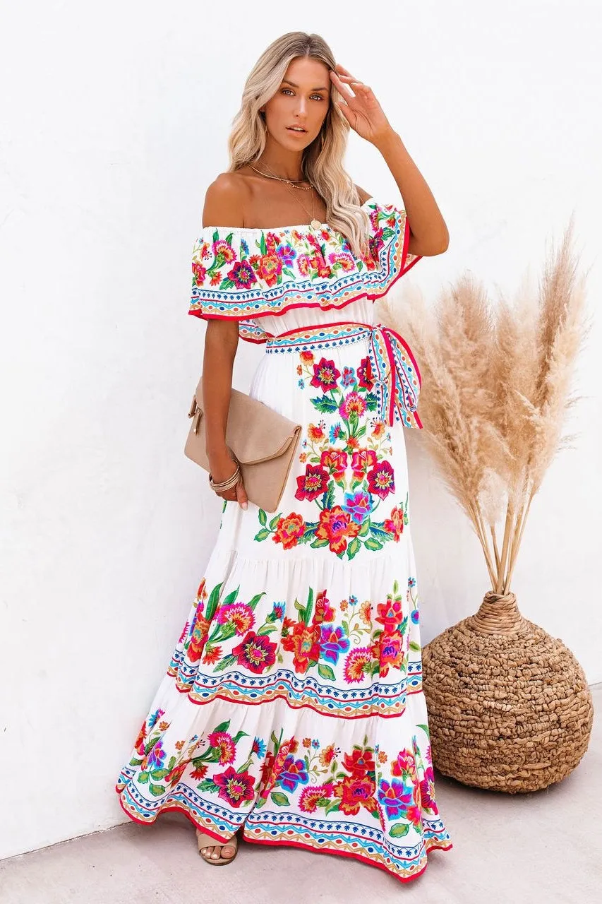 Trendy Off Shoulder Malamala Print Maxi Dress