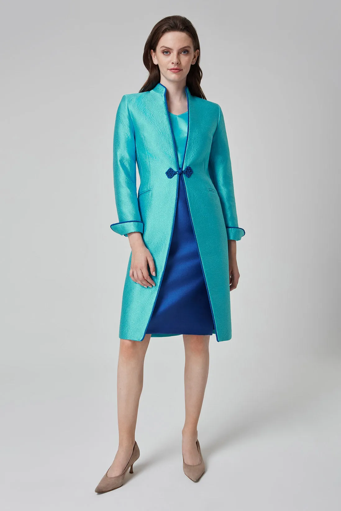 Turquoise Dress Coat in Summer Brocade with Cord Trim and Frogging  - Vicky