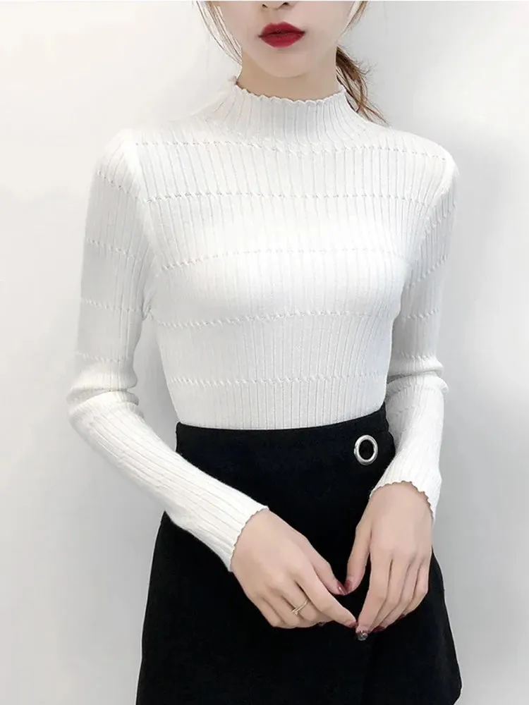 Turtleneck Knitted Sweater Female Simple Pullovers Ladies Top Fashion Women Sweaters Korean Jumper Stripe Solid Tops