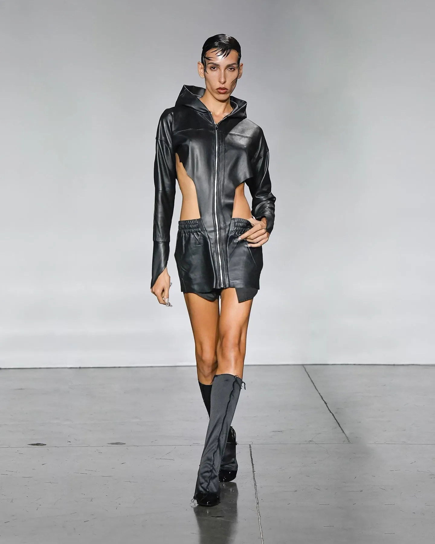 V CUT HOODIE DRESS IN BLACK LEATHER