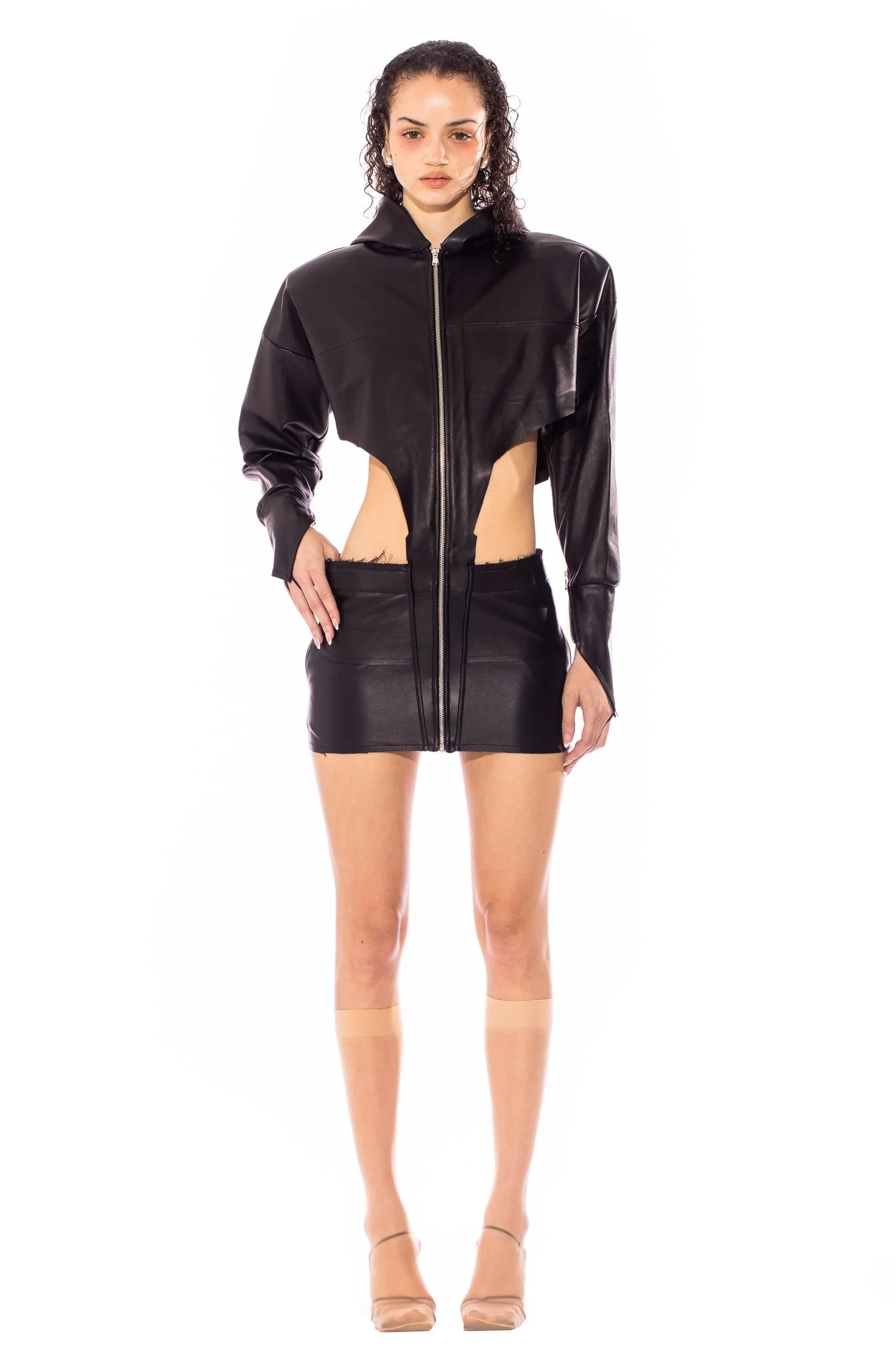 V CUT HOODIE DRESS IN BLACK LEATHER