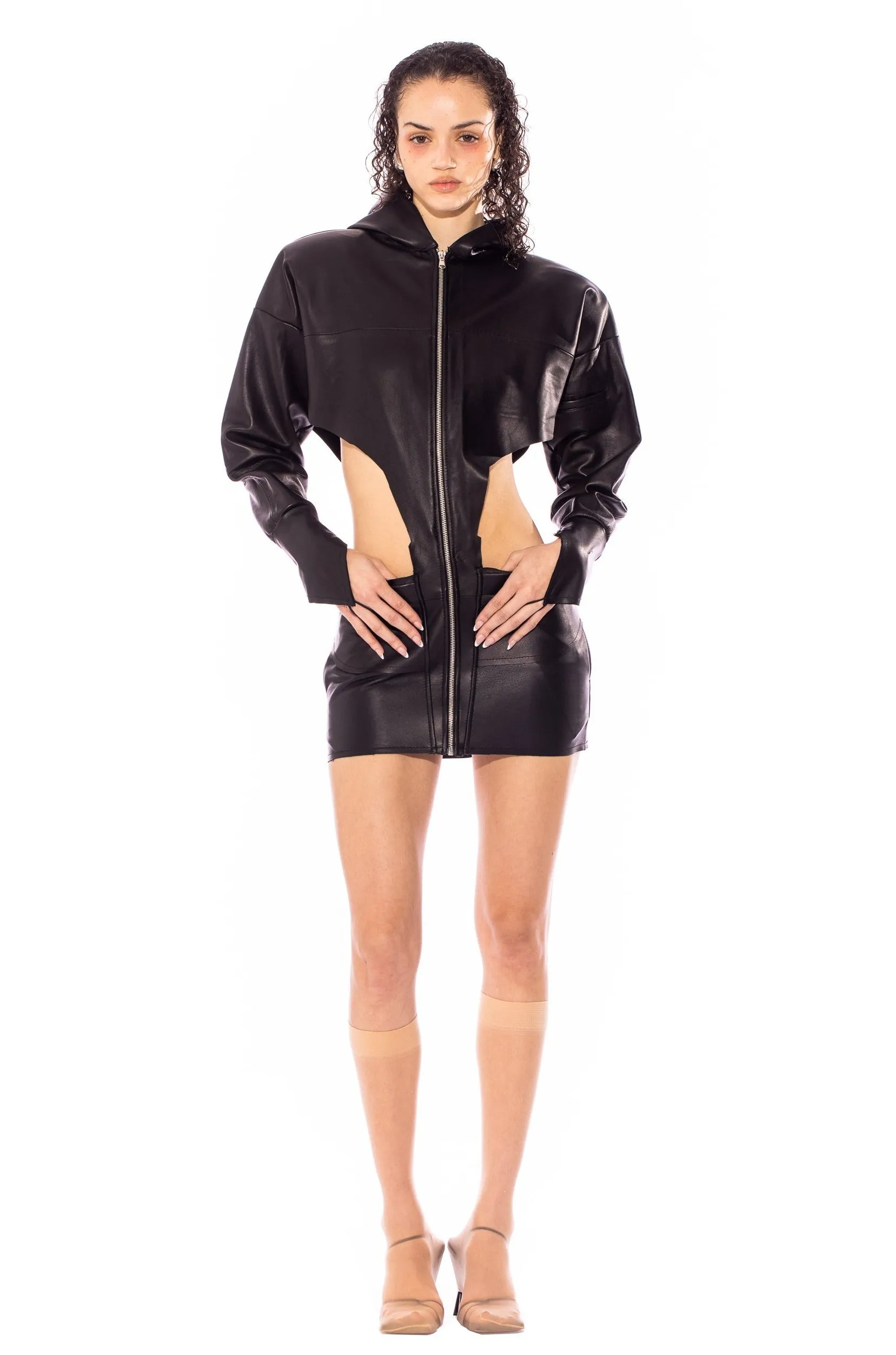 V CUT HOODIE DRESS IN BLACK LEATHER