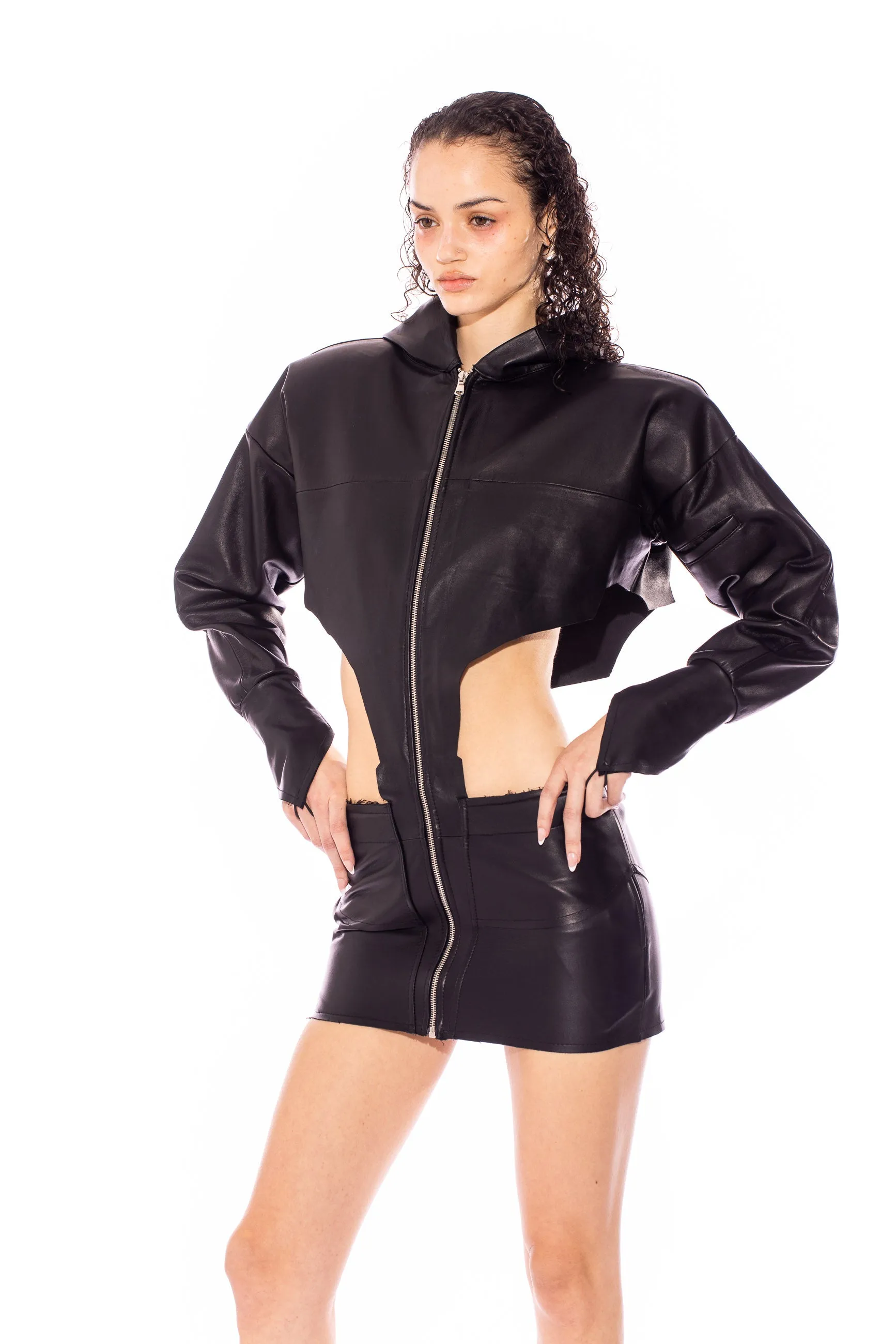 V CUT HOODIE DRESS IN BLACK LEATHER