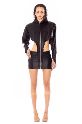 V CUT HOODIE DRESS IN BLACK LEATHER