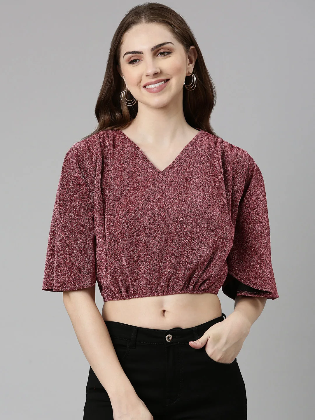 V-Neck Embellished Flared Sleeves Magenta Crop Top