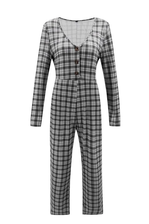 V Neck Plaid Jumpsuit