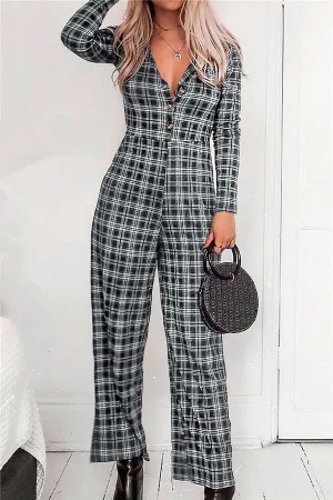 V Neck Plaid Jumpsuit