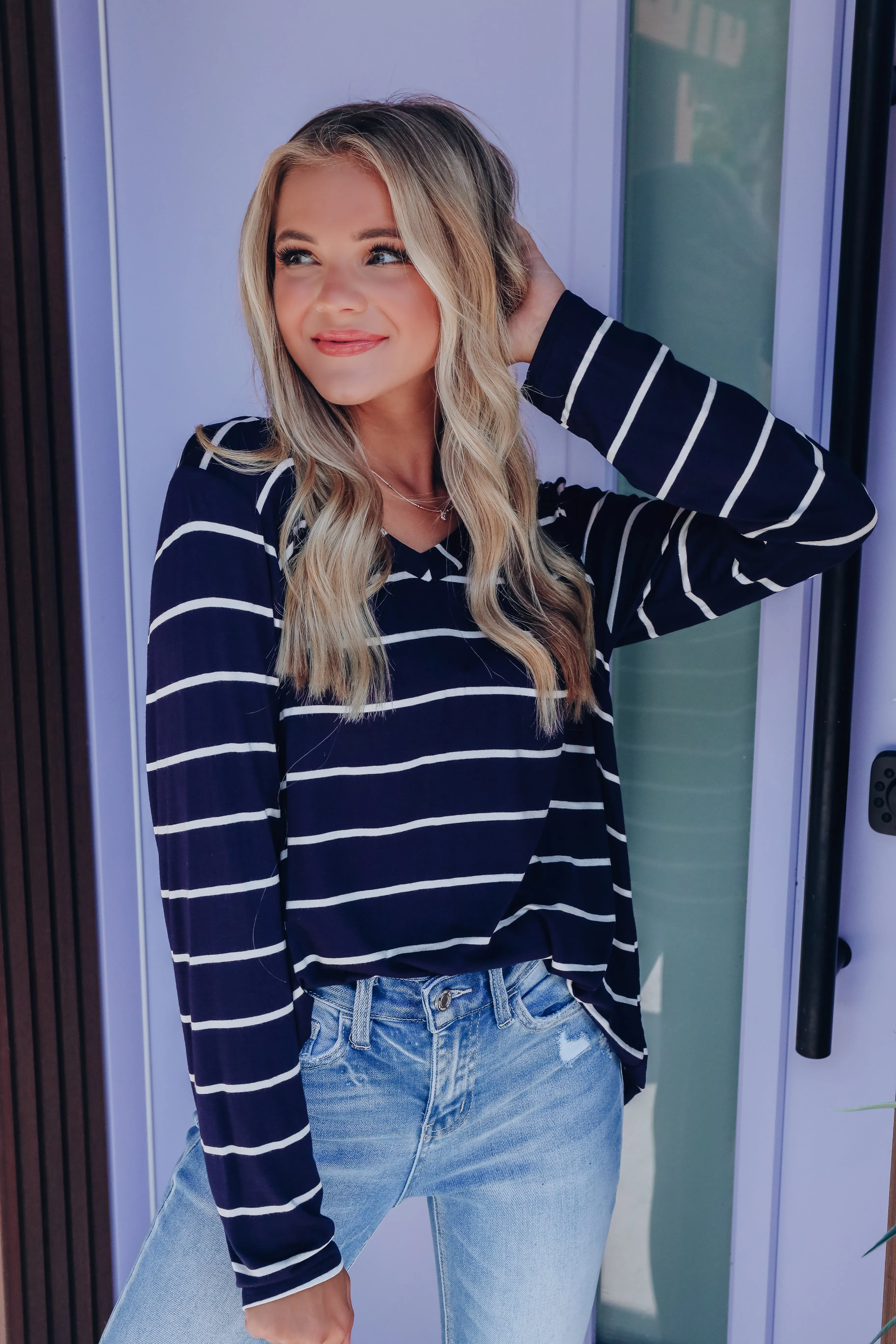 Valri V-Neck Long Sleeve Top - Navy/Ivory