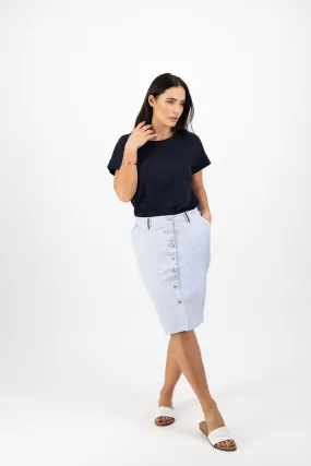 Vassalli Skirt with contrast buttons and trim - Blue Stripe