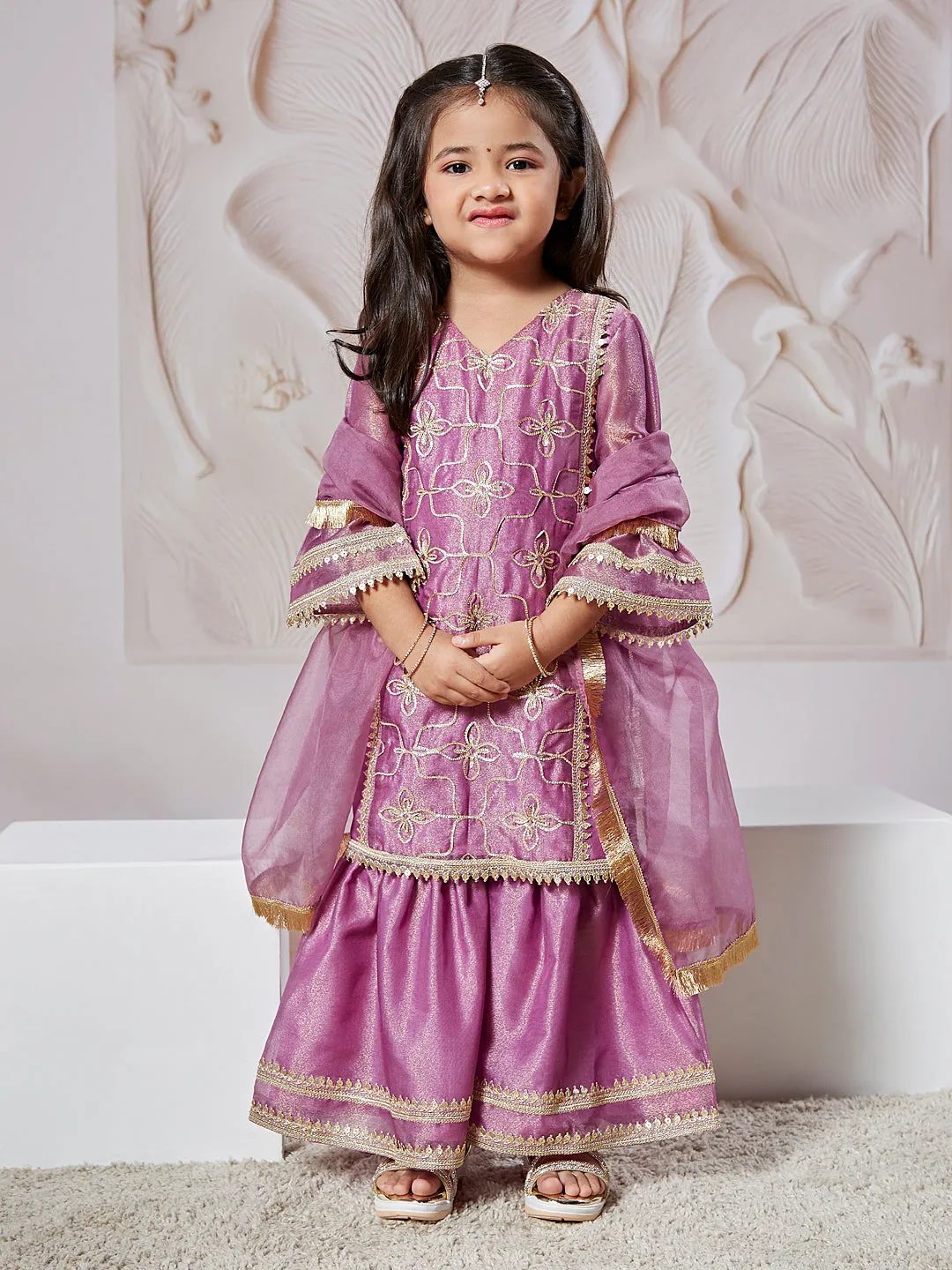 VASTRAMAY Girls' Purple Kurta Sharara Set With Dupatta