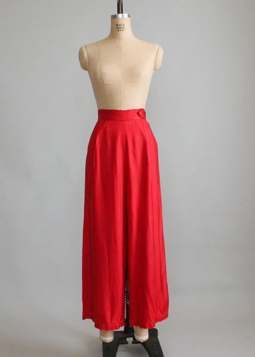 Vintage 1930s Red Satin Wide Leg Pants