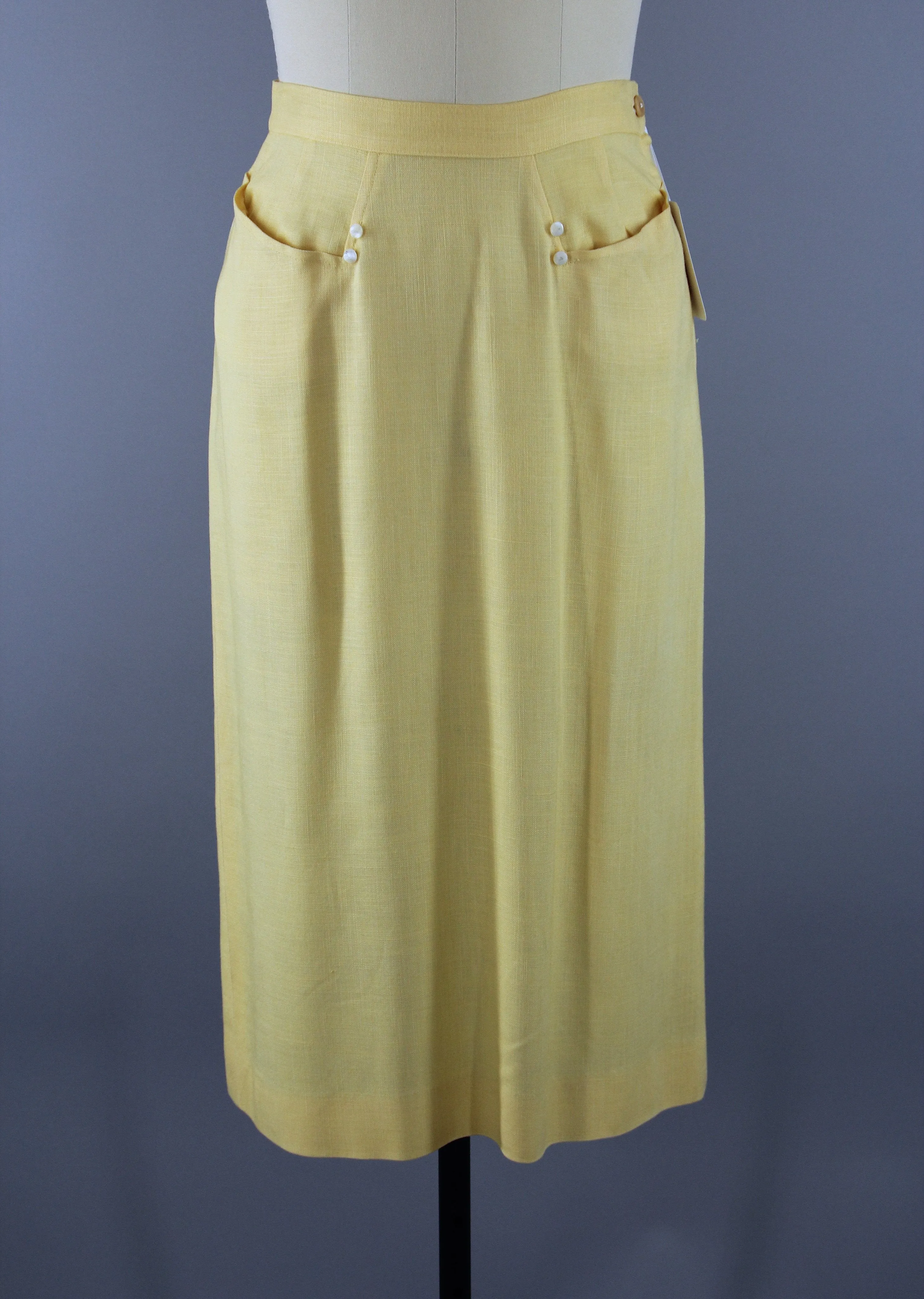 Vintage 1940s Yellow Linen Pencil Skirt