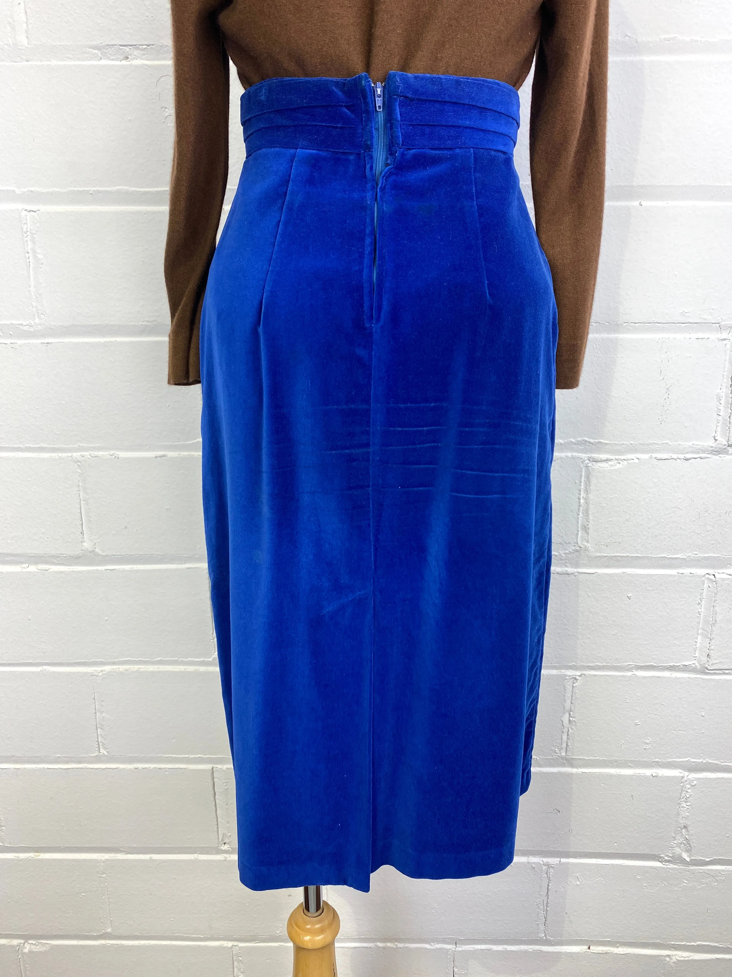 Vintage 1980s Blue Velour High-Waist Pencil Skirt, W26"