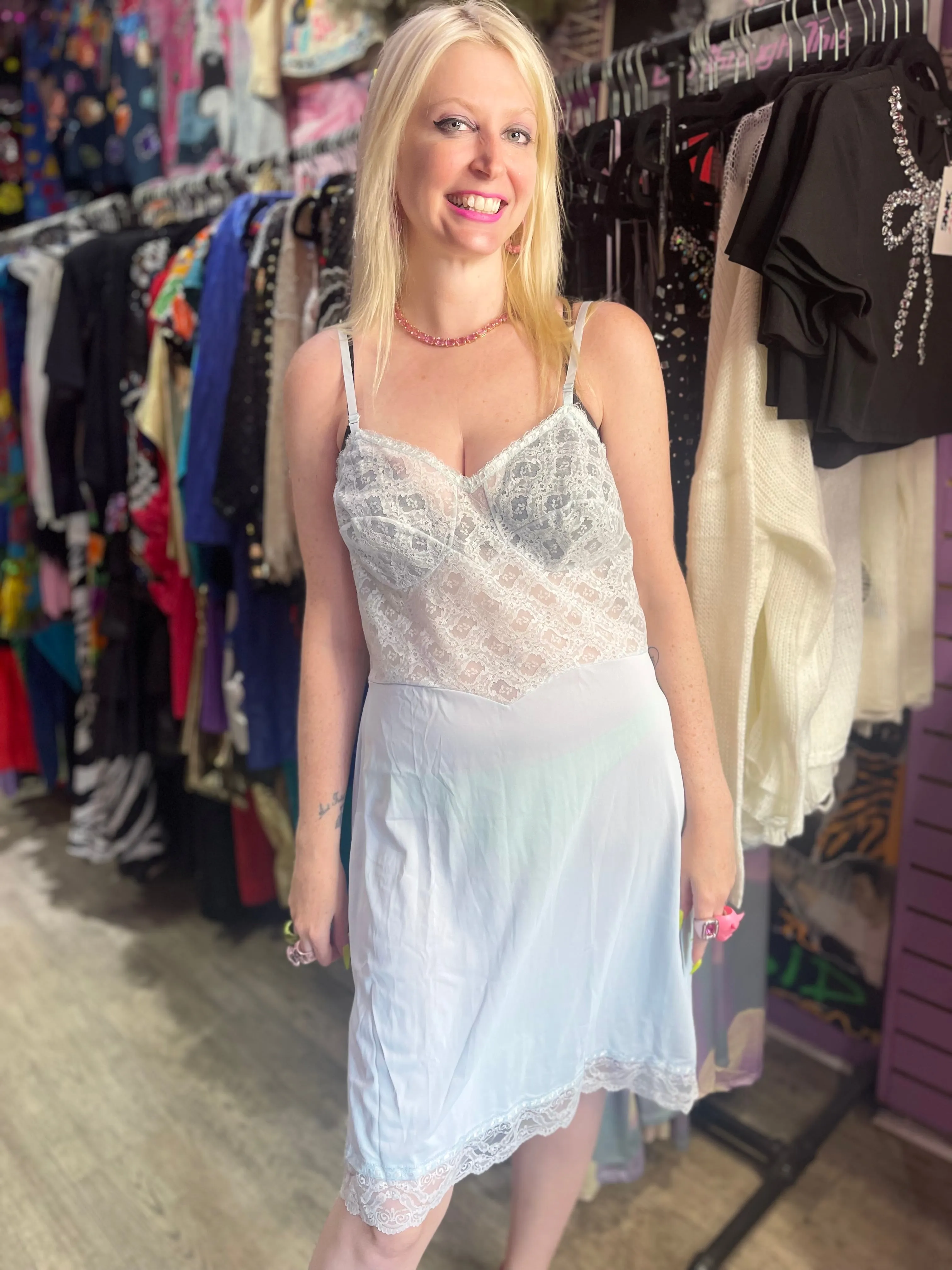 Vintage Babydoll Baby Blue Lace Slip Dress