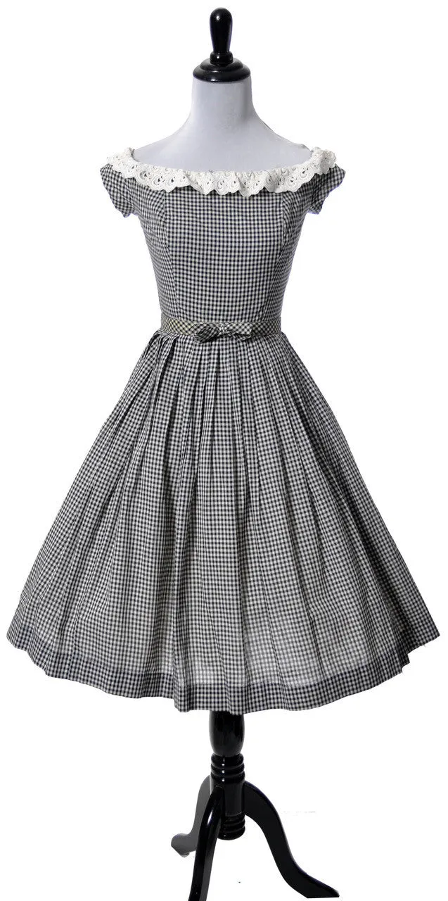 Vintage Black and White Gingham Dress with Eyelet Lace