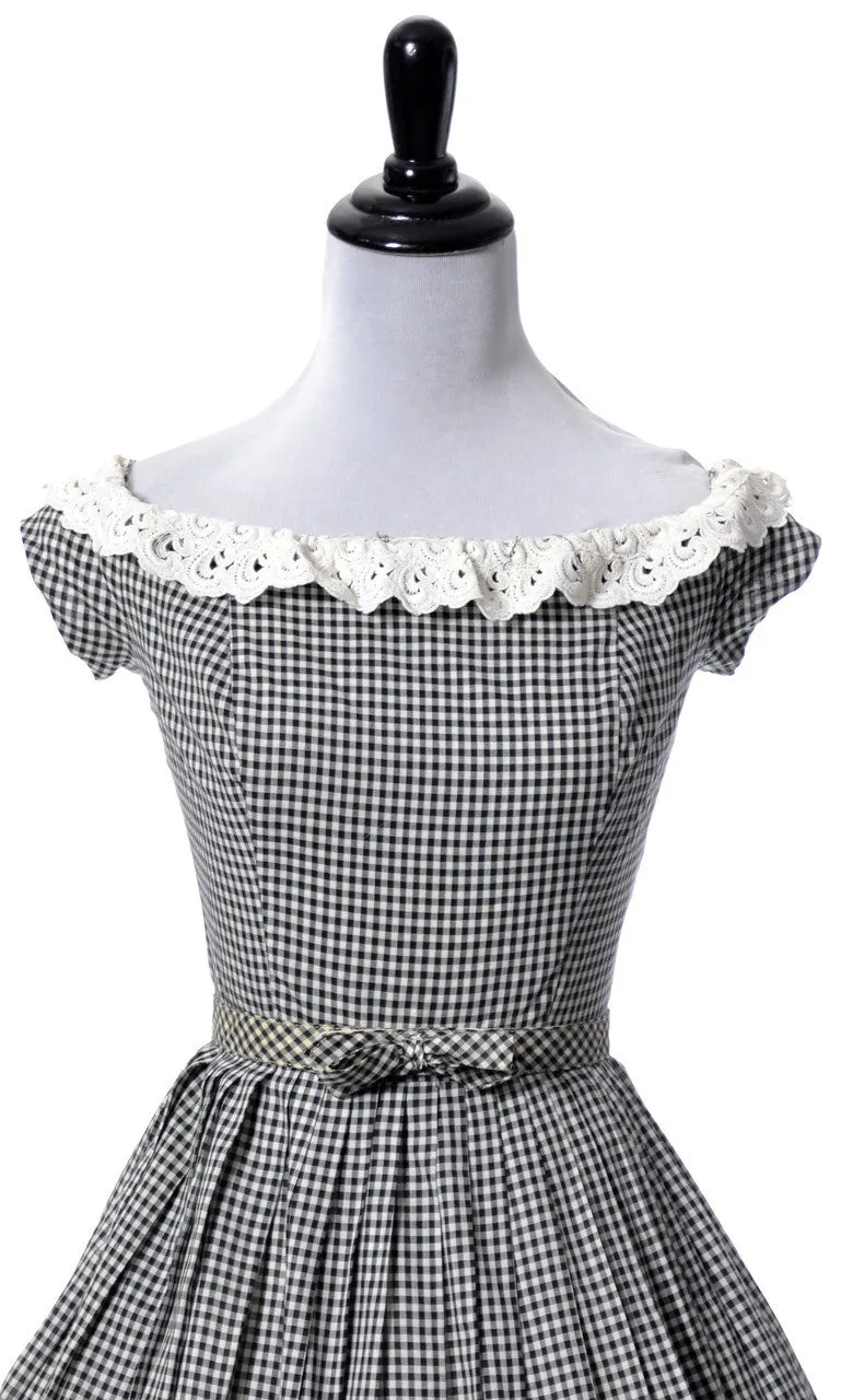 Vintage Black and White Gingham Dress with Eyelet Lace