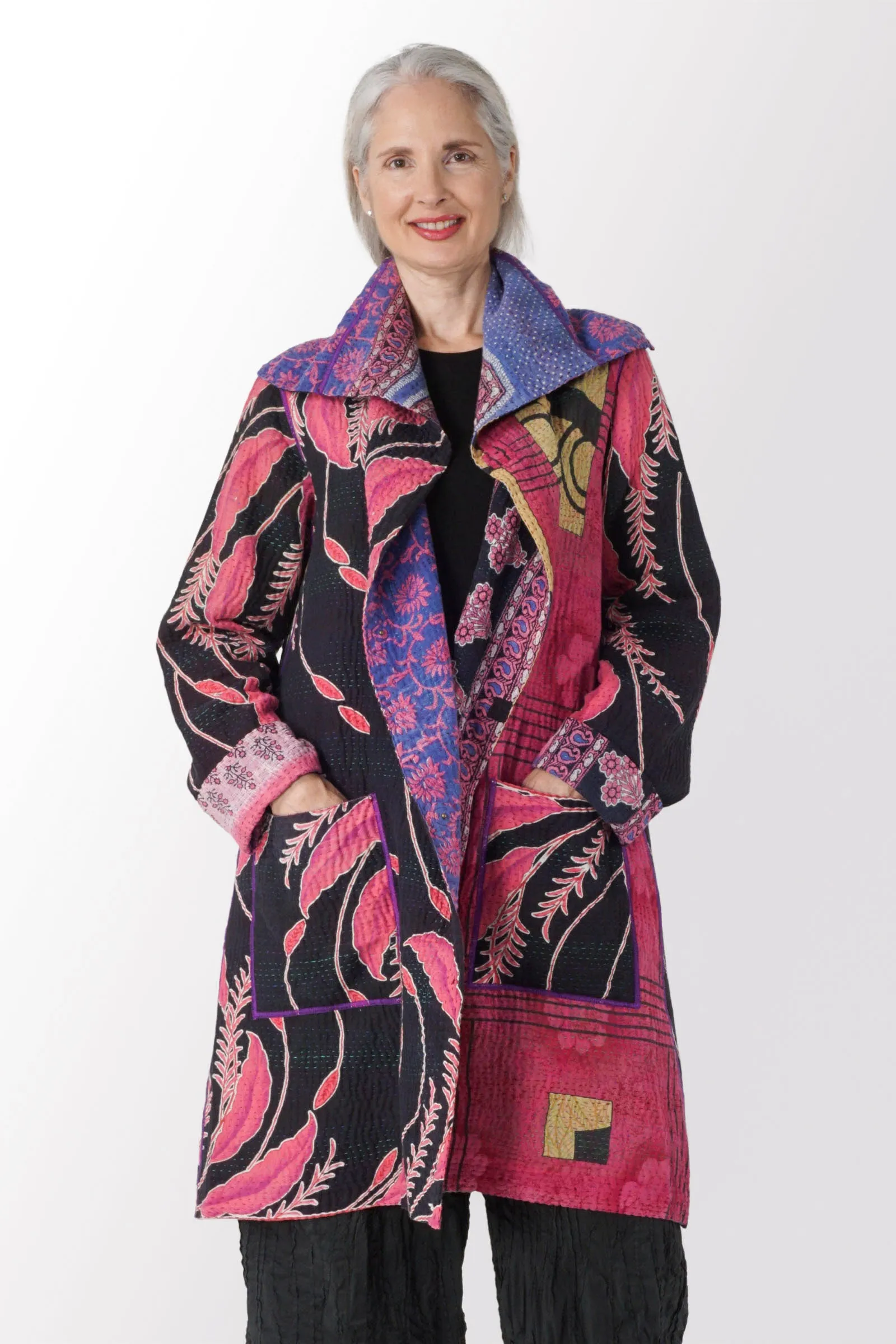 VINTAGE COTTON KANTHA POCKET MEDIUM COAT - cv4316-0019a -