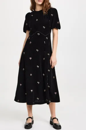 Vintage Floral Embroidery Puff Sleeve A Line Velvet Midi Dress - Black