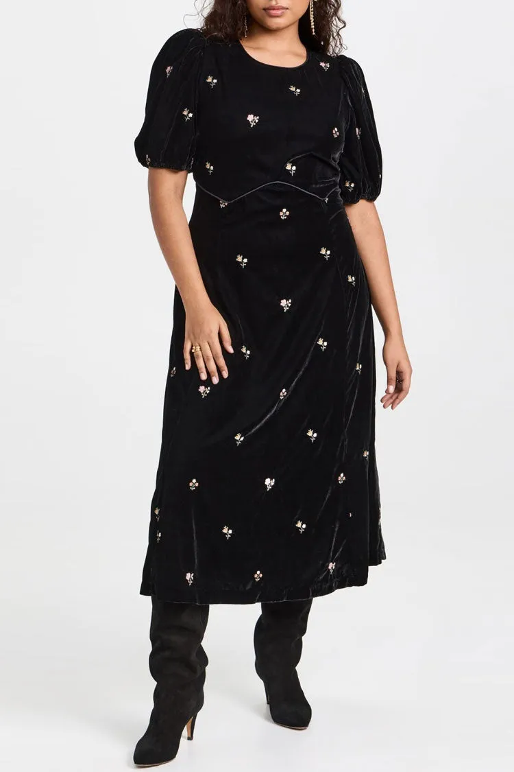 Vintage Floral Embroidery Puff Sleeve A Line Velvet Midi Dress - Black