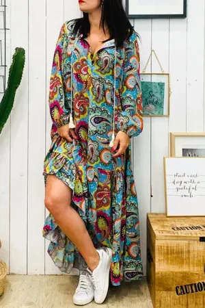 Vintage Print Fringe Maxi Dress