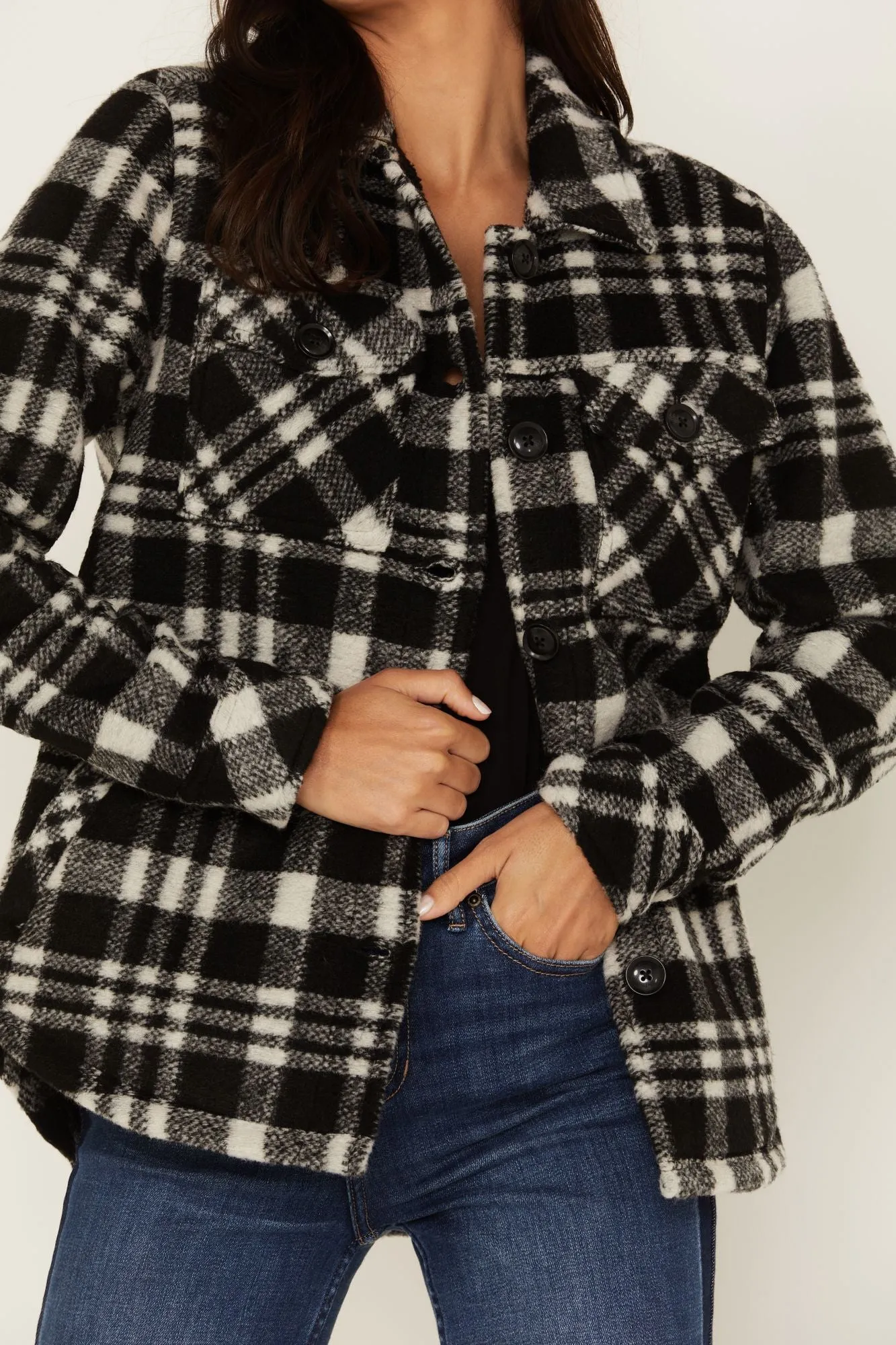 Viola Plaid Print Fleece Lined Shacket Jacket