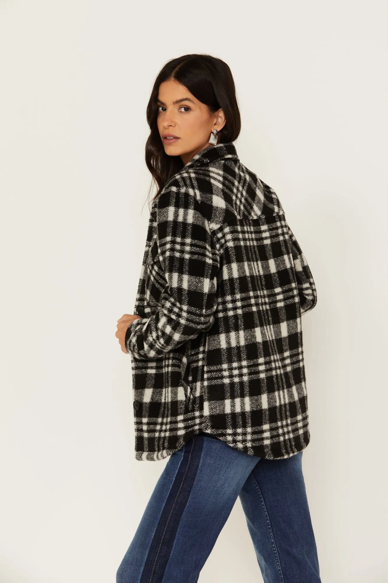 Viola Plaid Print Fleece Lined Shacket Jacket