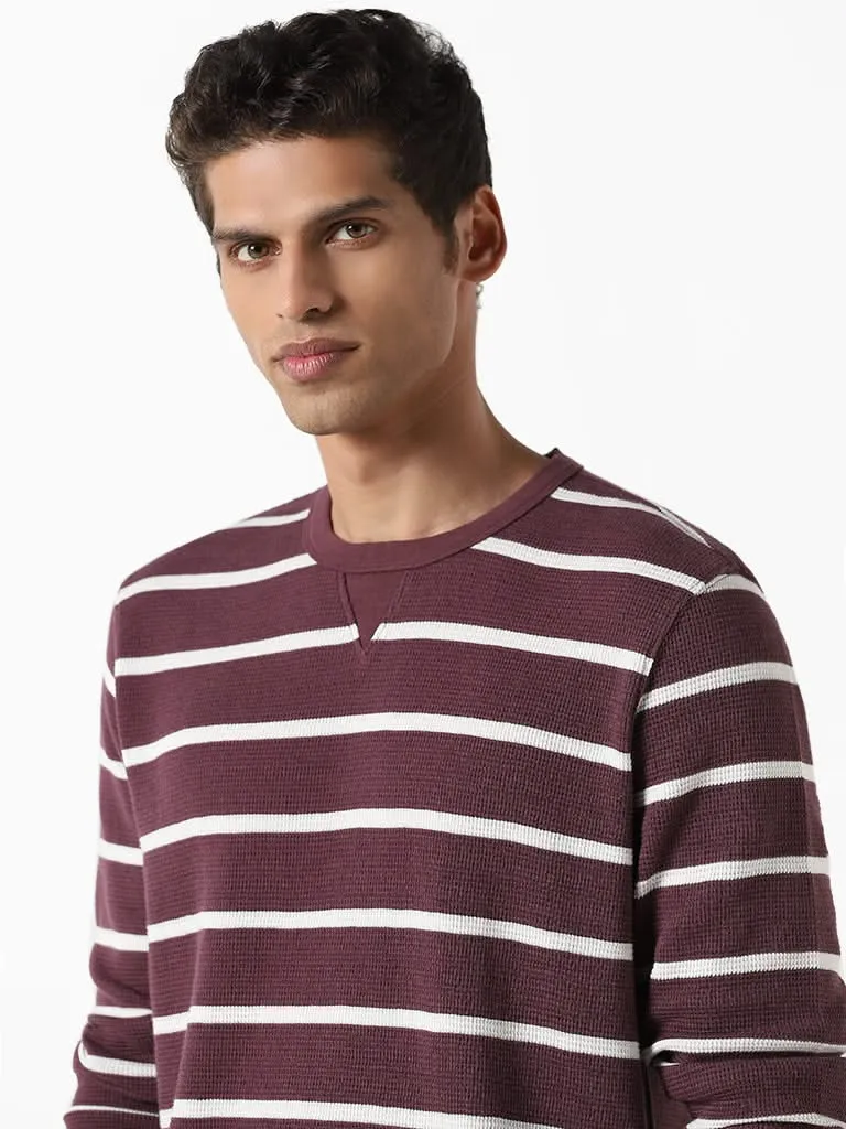 WES Casuals Striped Mauve Ribbed Slim-Fit Sweater