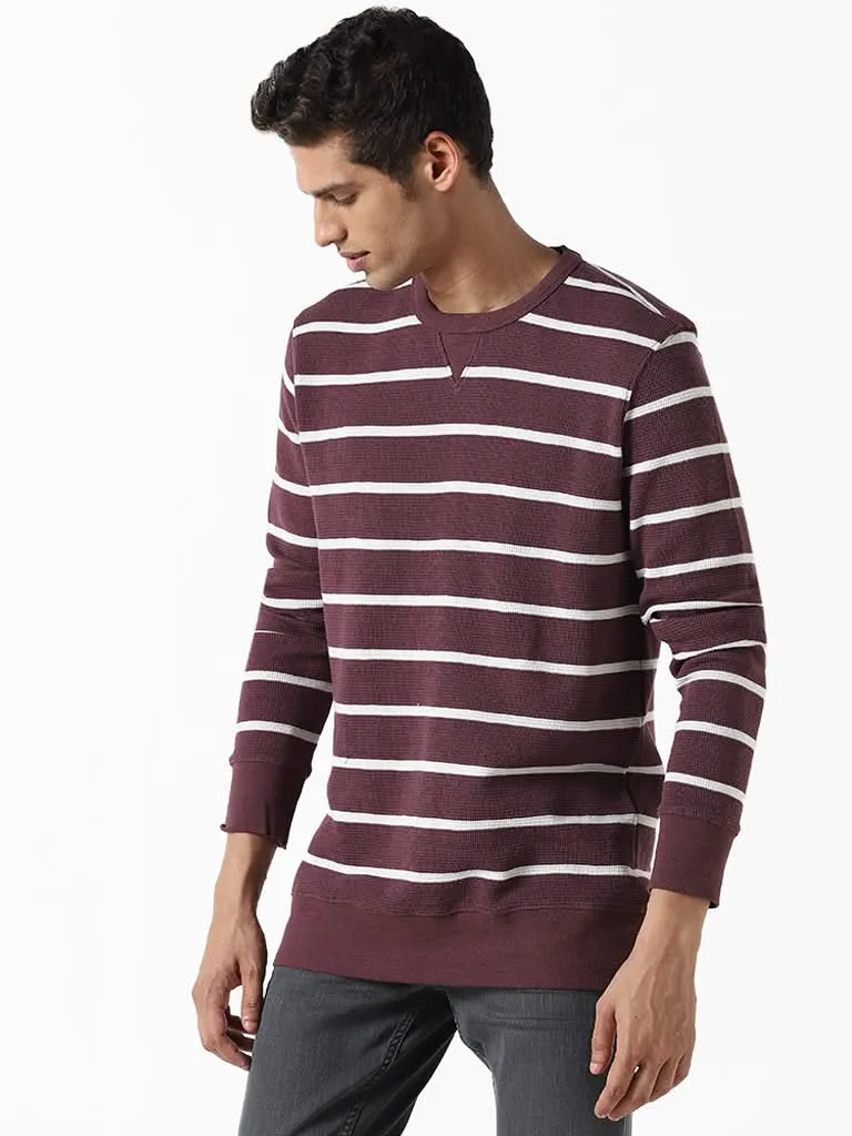 WES Casuals Striped Mauve Ribbed Slim-Fit Sweater