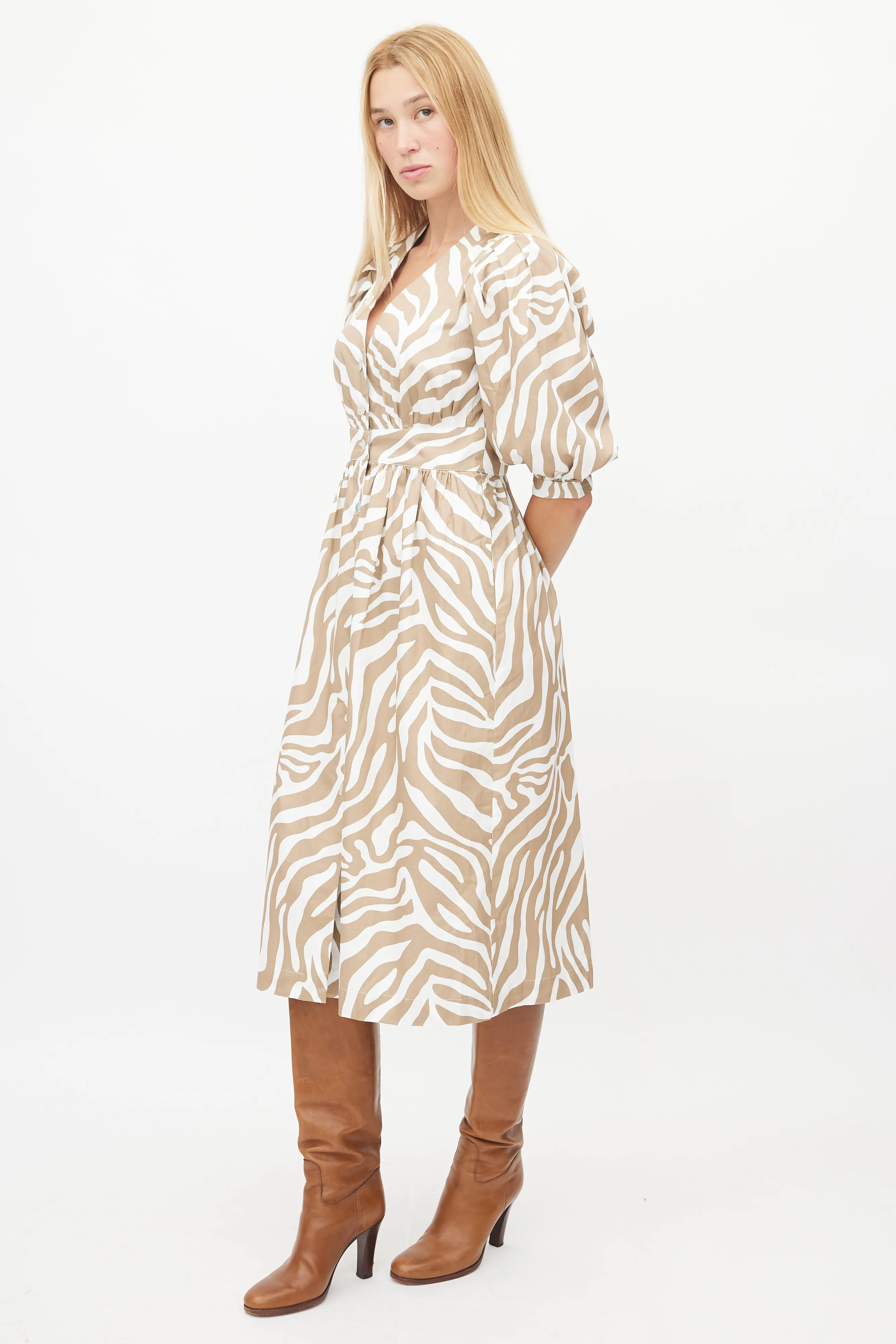 White & Brown Patterned Dress