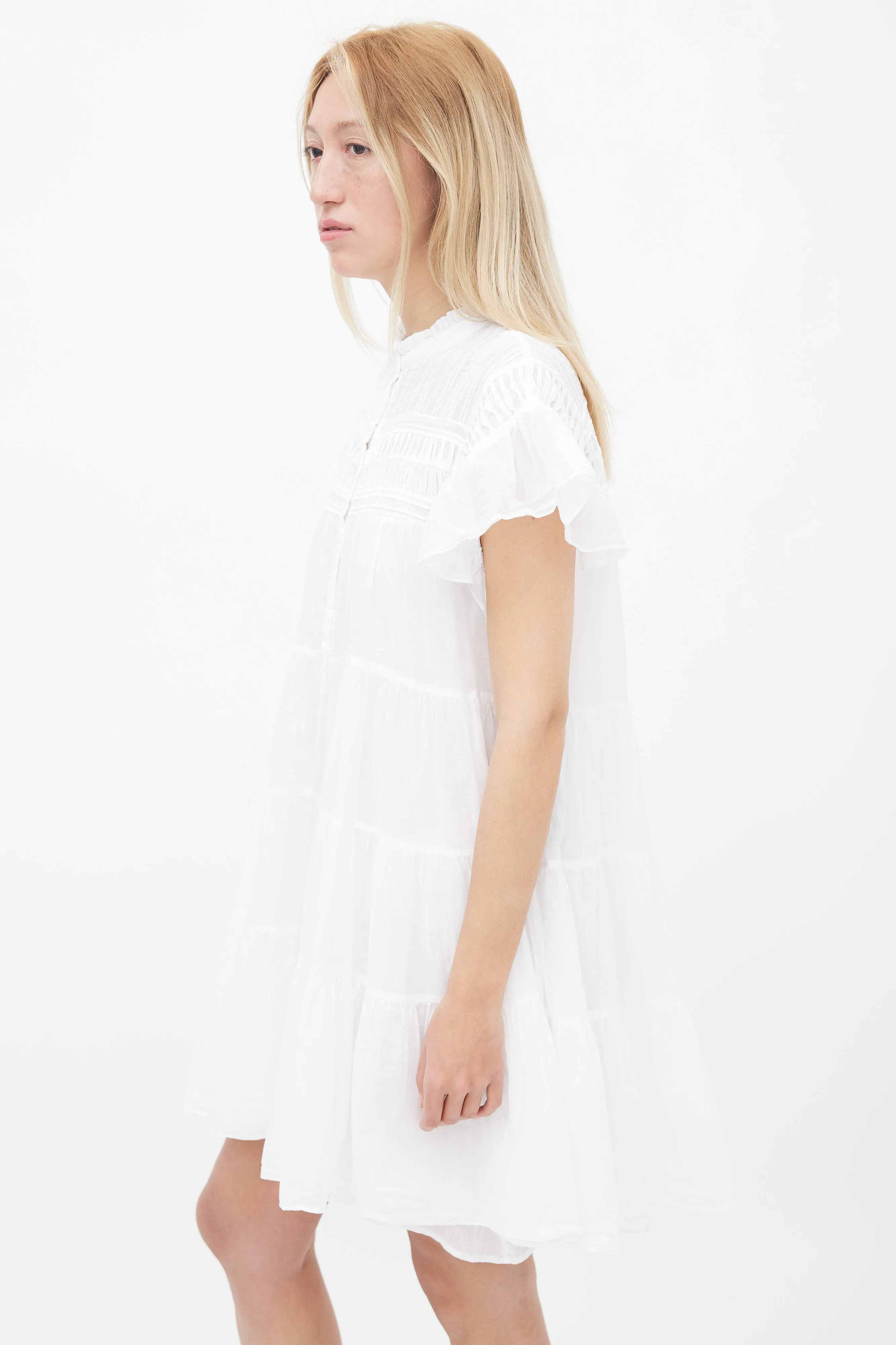 White Cotton Short Ruffle Sleeve Mini Dress