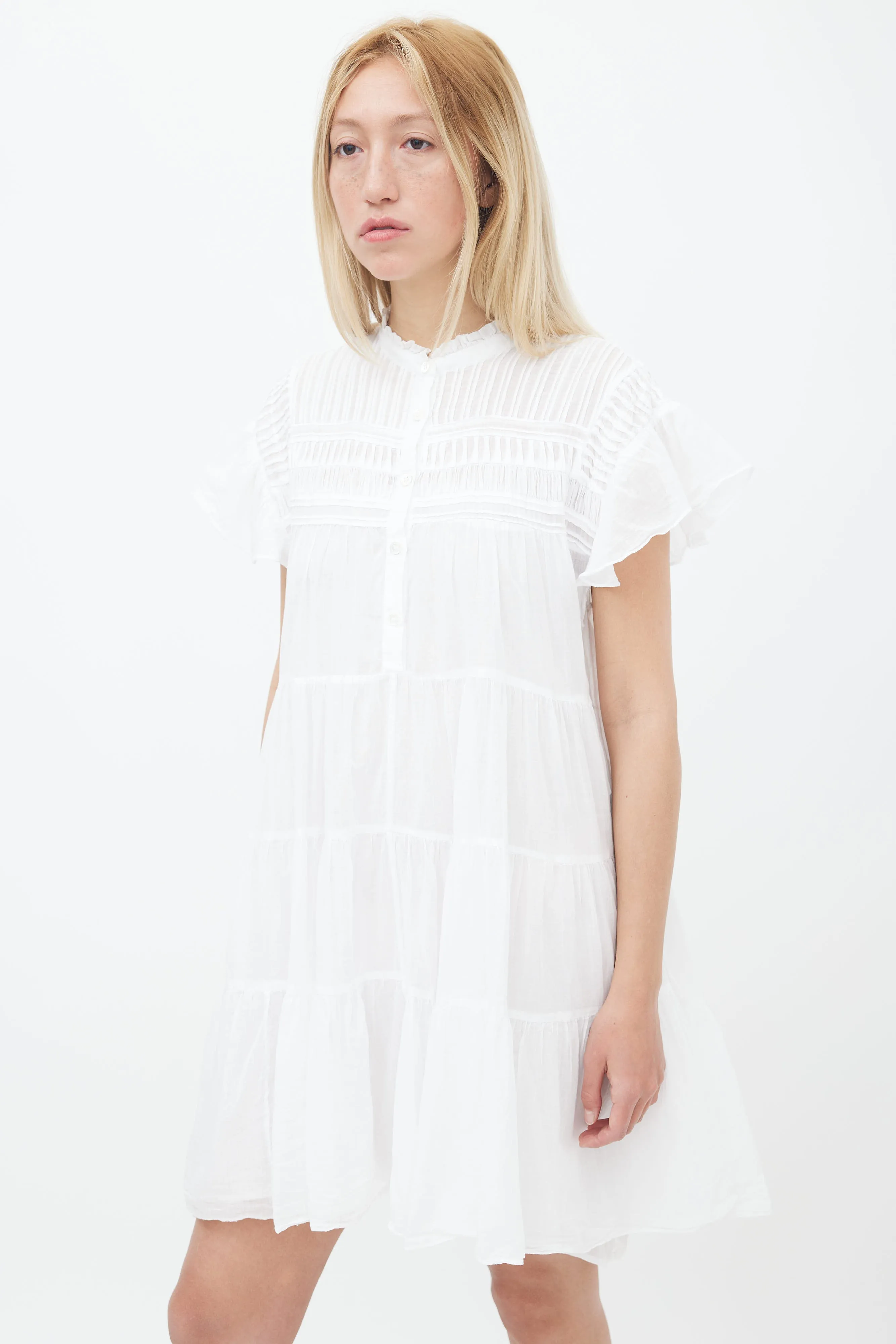 White Cotton Short Ruffle Sleeve Mini Dress