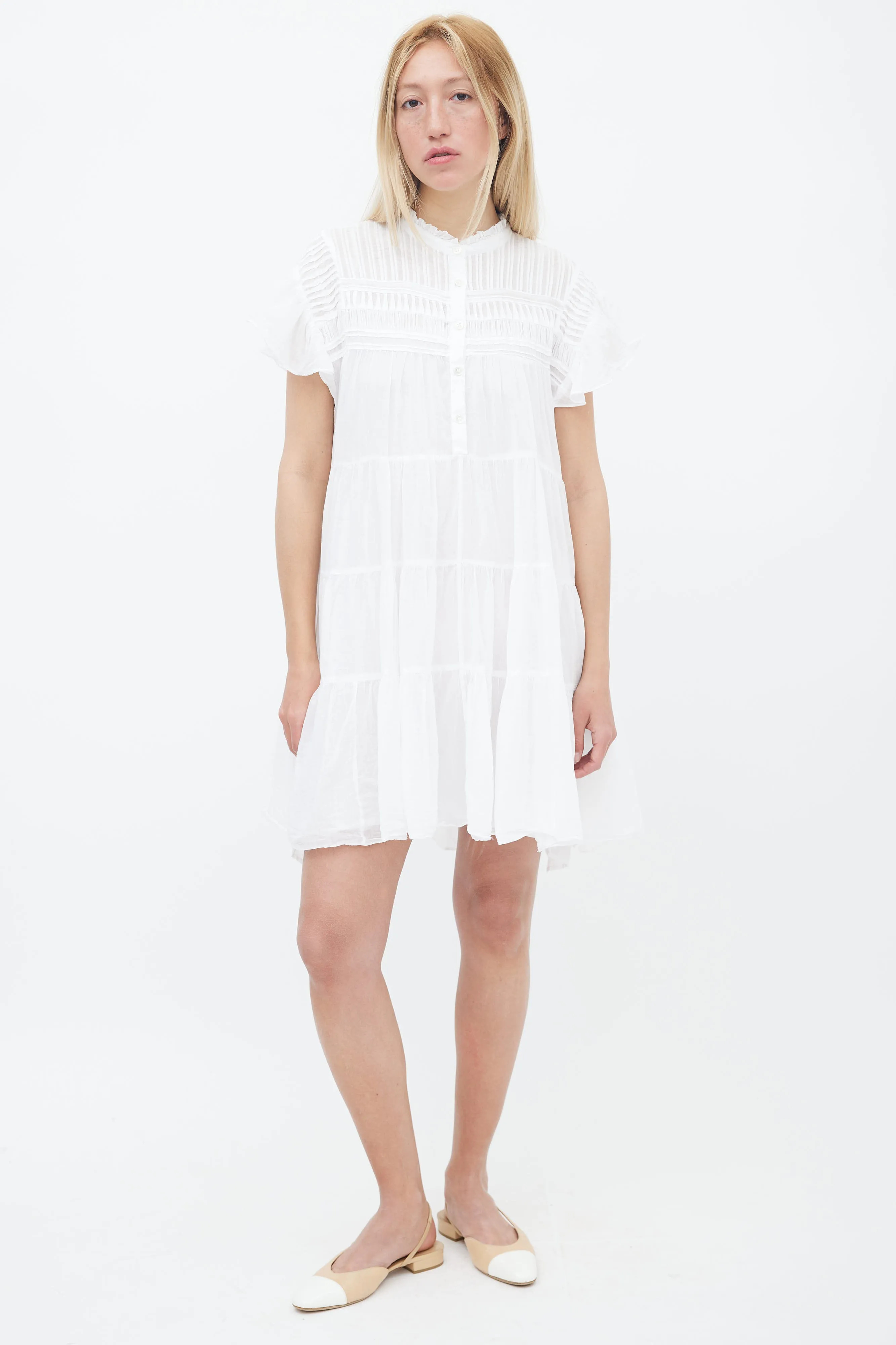 White Cotton Short Ruffle Sleeve Mini Dress