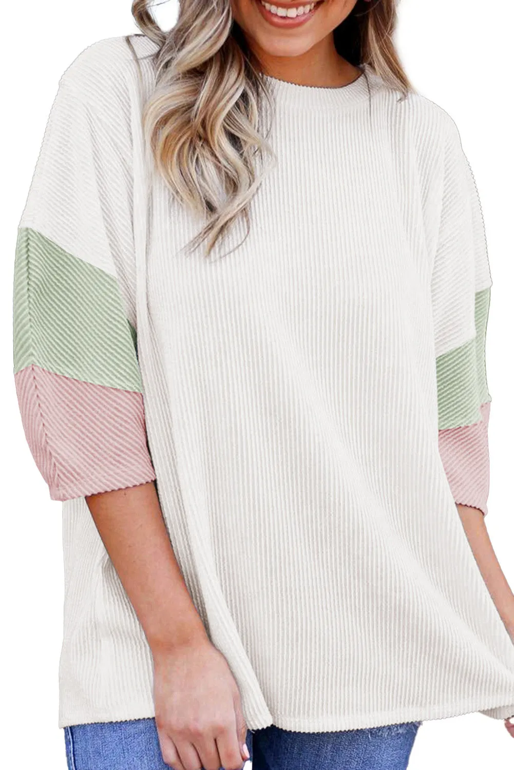 White Ribbed Colorblock Drop Sleeve Top – Effortless, Sporty, and Stylish