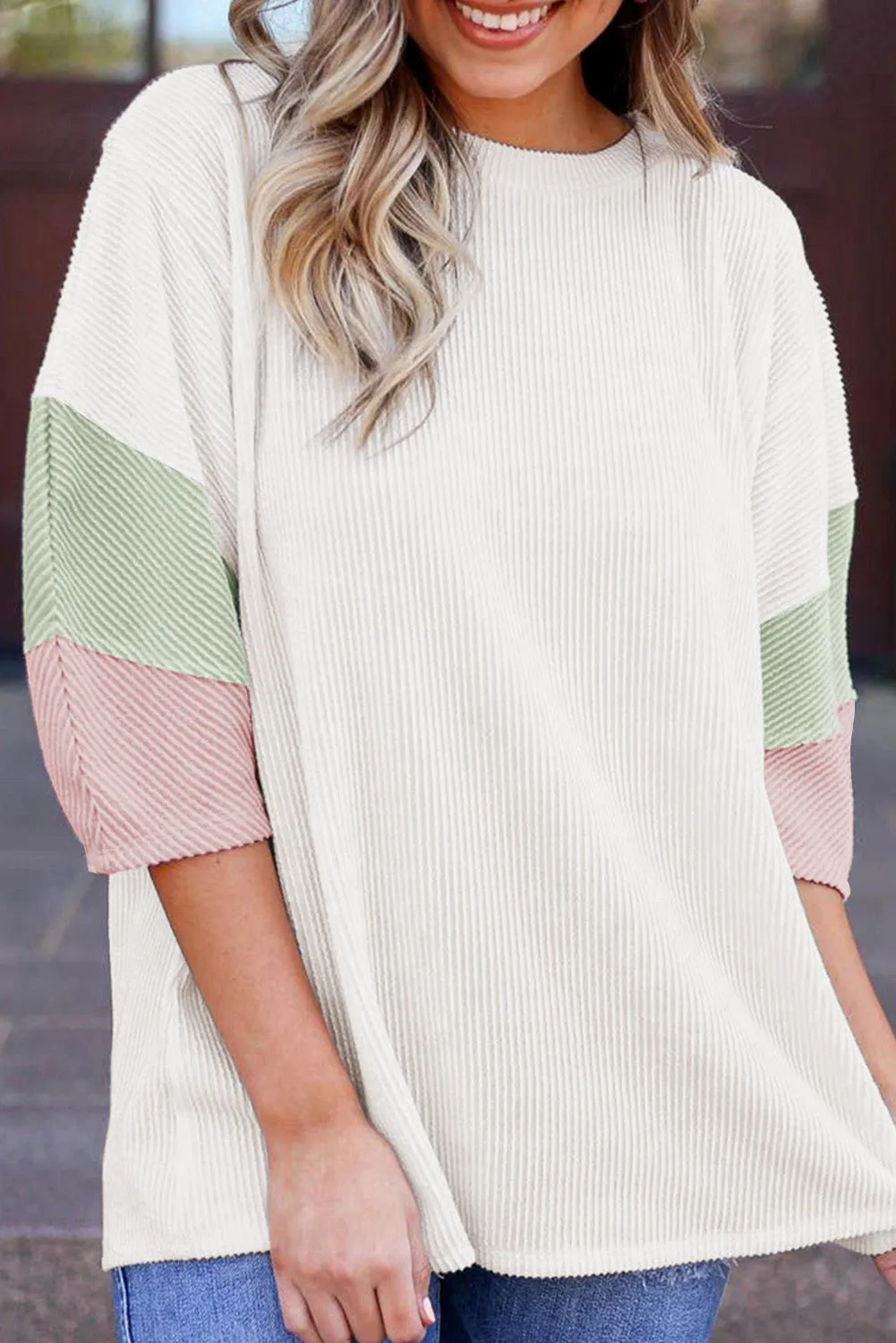 White Ribbed Colorblock Drop Sleeve Top – Effortless, Sporty, and Stylish