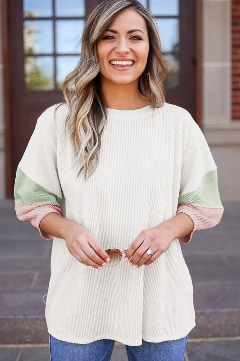 White Ribbed Colorblock Drop Sleeve Top – Effortless, Sporty, and Stylish