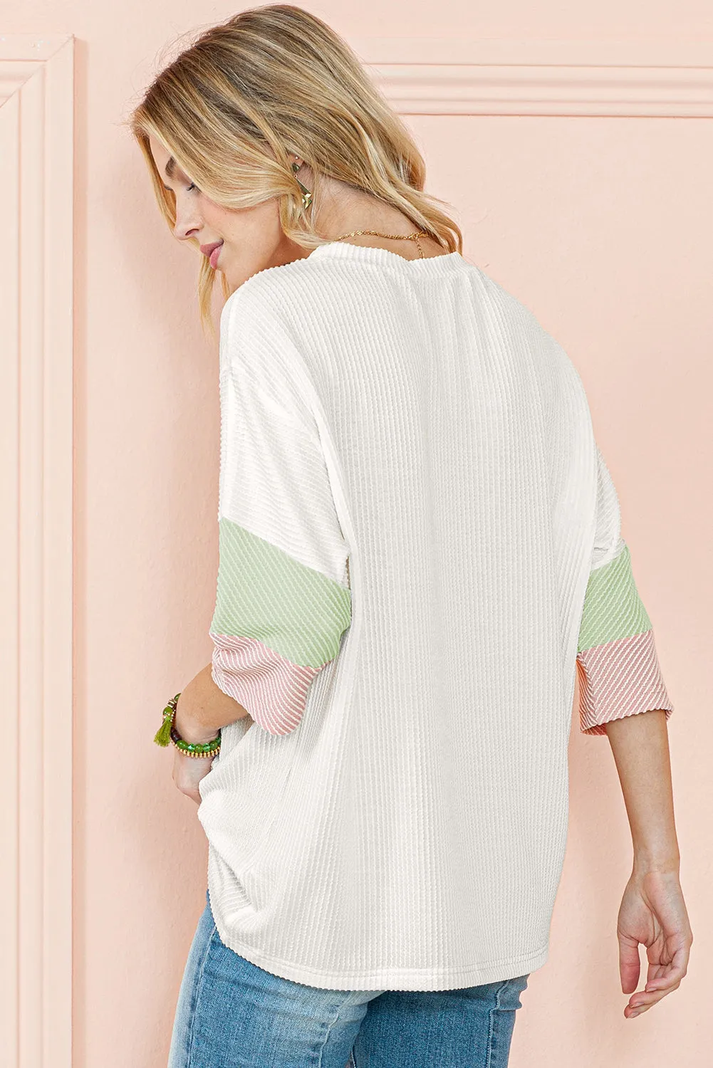 White Ribbed Colorblock Drop Sleeve Top – Effortless, Sporty, and Stylish